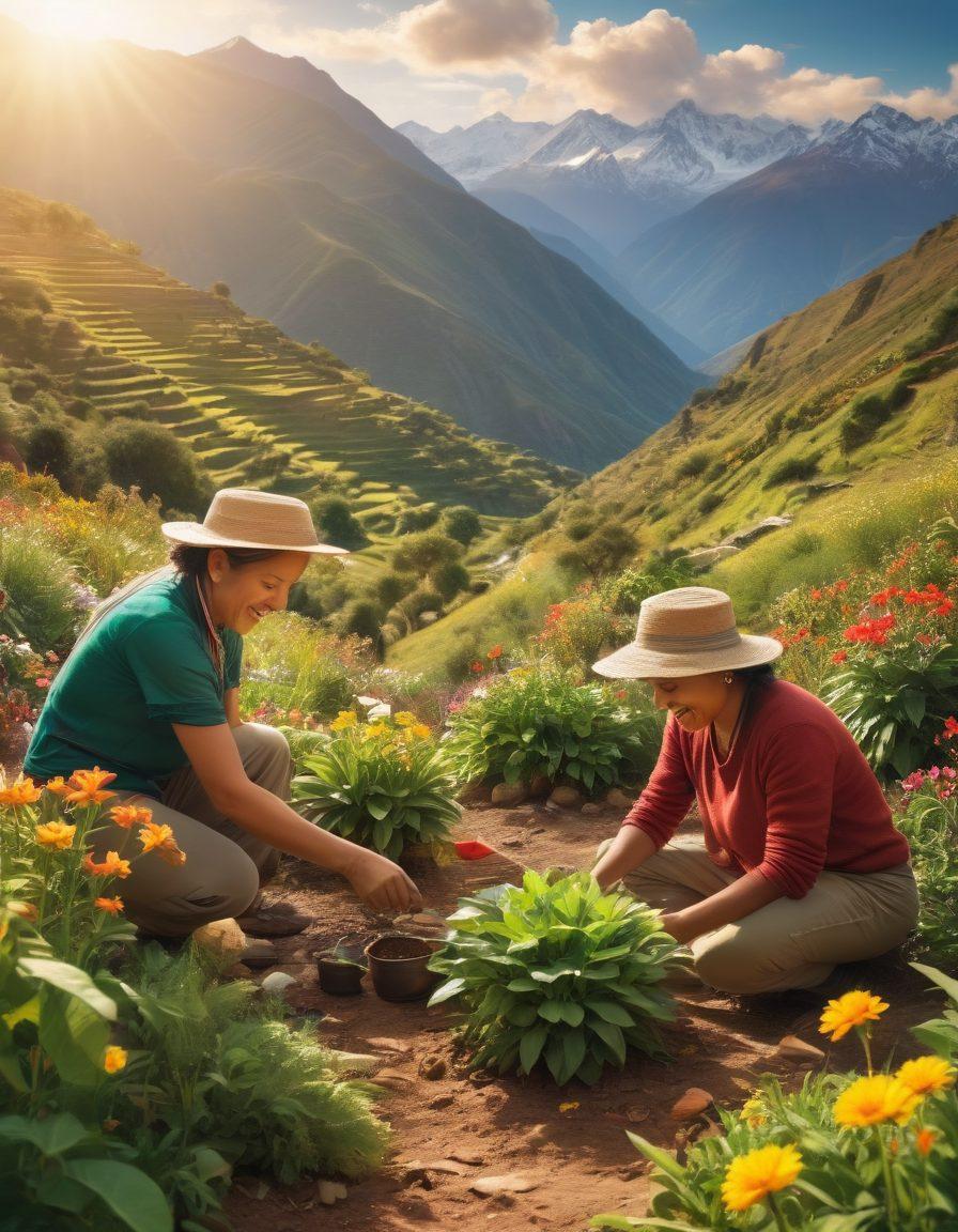 A picturesque scene of lush Andes mountains with vibrant green valleys, where a diverse group of people joyfully gardening together, exchanging smiles and support, symbolizing community love and empowerment. Include elements of financial growth, like small plants shaped like coins or bills among the flowers. The warm sunlight bathes the scene in golden hues, creating an inviting and uplifting atmosphere. super-realistic. vibrant colors. 3D.