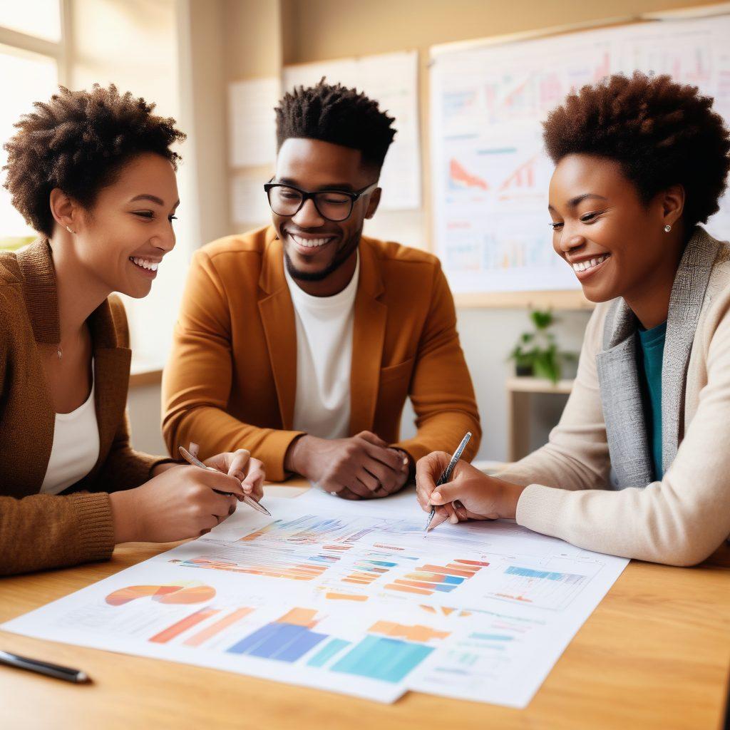 A vibrant scene depicting a diverse group of people gathered in a cozy community space, sharing ideas over budgeting and investment strategies. Various visual elements such as charts, calculators, and a community board full of financial tips create an engaging atmosphere. Warm lighting accentuates the supportive, collaborative environment, with smiles and gestures of encouragement visible among the group. This lively interaction captures the essence of community support in managing finances. super-realistic. warm colors. community vibe.