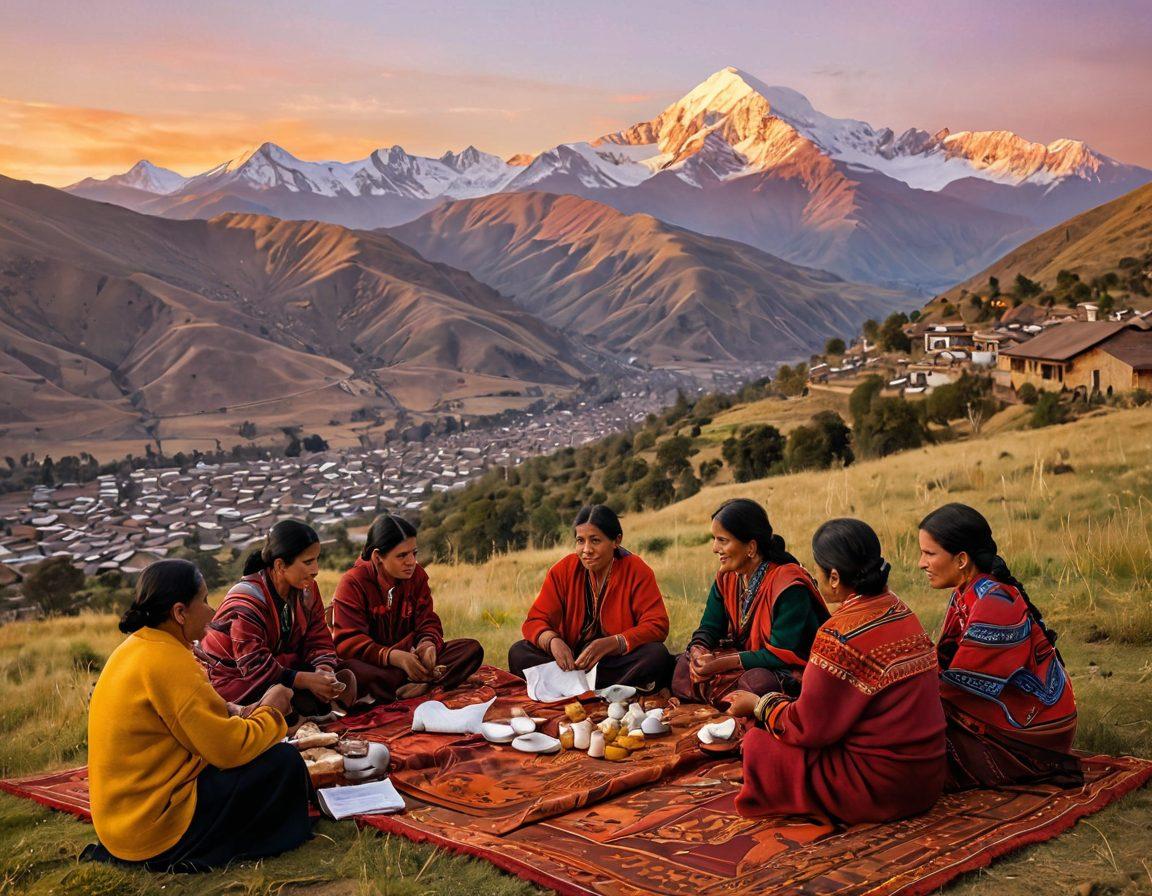 A warm and inviting scene featuring Andean mountains in the background, with local community members coming together, exchanging handmade crafts and money, symbolizing relationships built through affection. Incorporate traditional Andean textile patterns adorning the foreground, and showcase a vibrant sunset casting a golden hue over the landscape. The atmosphere should evoke a sense of unity and support for local economies. super-realistic. vibrant colors. warm tones.